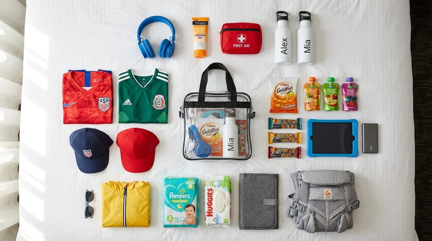 Organized packing layout showing kids headphones, sunscreen, clear stadium bag, team jerseys, first aid kit, water bottles, and snacks arranged on bed
