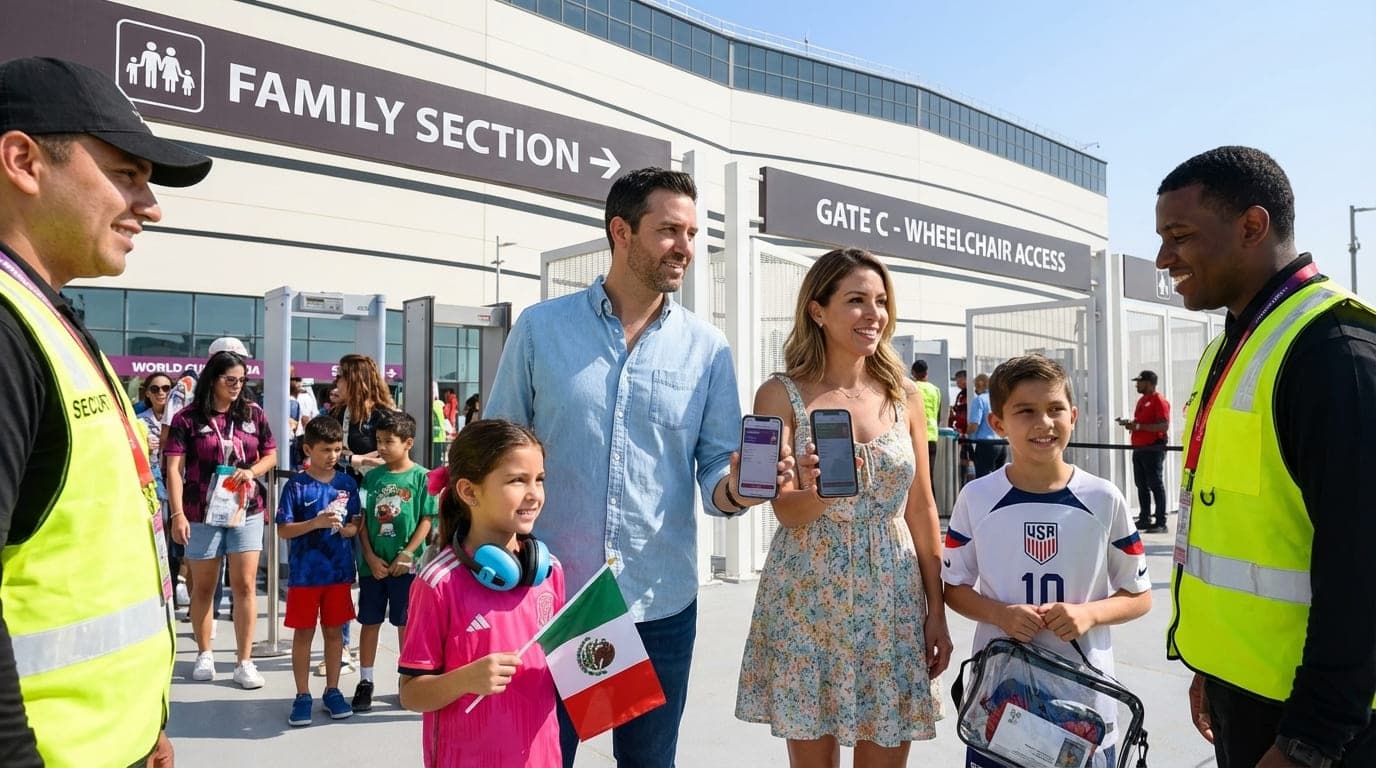 Parents with young children at stadium entrance showing tickets on smartphones, kids wearing team jerseys and holding small flags, family-friendly section signage visible in background
