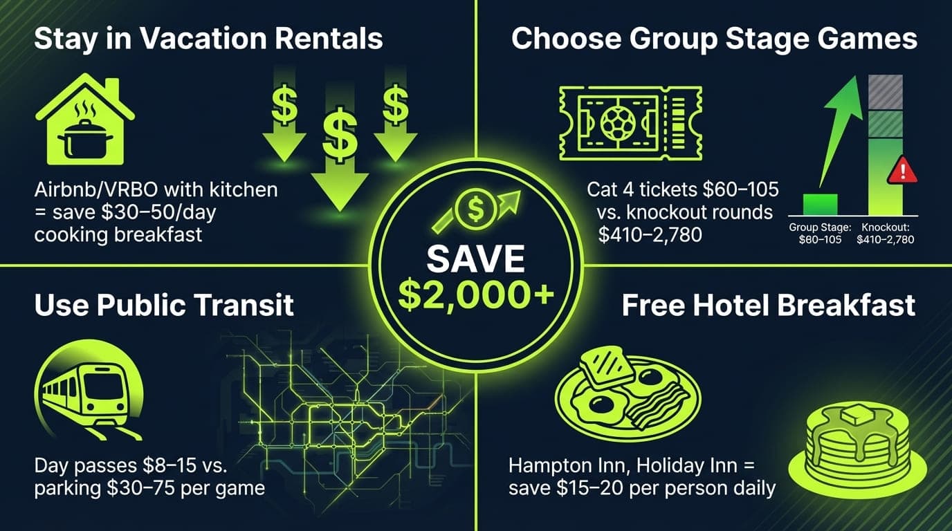 Infographic grid showing money-saving tips: vacation rentals with kitchens, free hotel breakfast, public transit passes, group stage tickets instead of knockout rounds