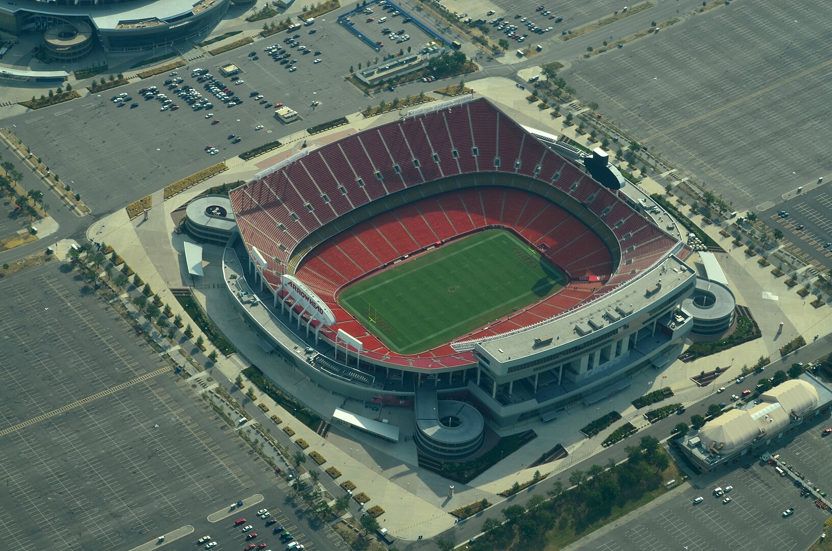 GEHA Field at Arrowhead Stadium aerial view showing iconic arrowhead shape